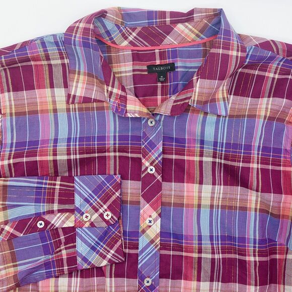 Talbots Fabulous Plaid Cotton Button Front Shirt Women's XL Metallic Threading - Picture 2 of 9